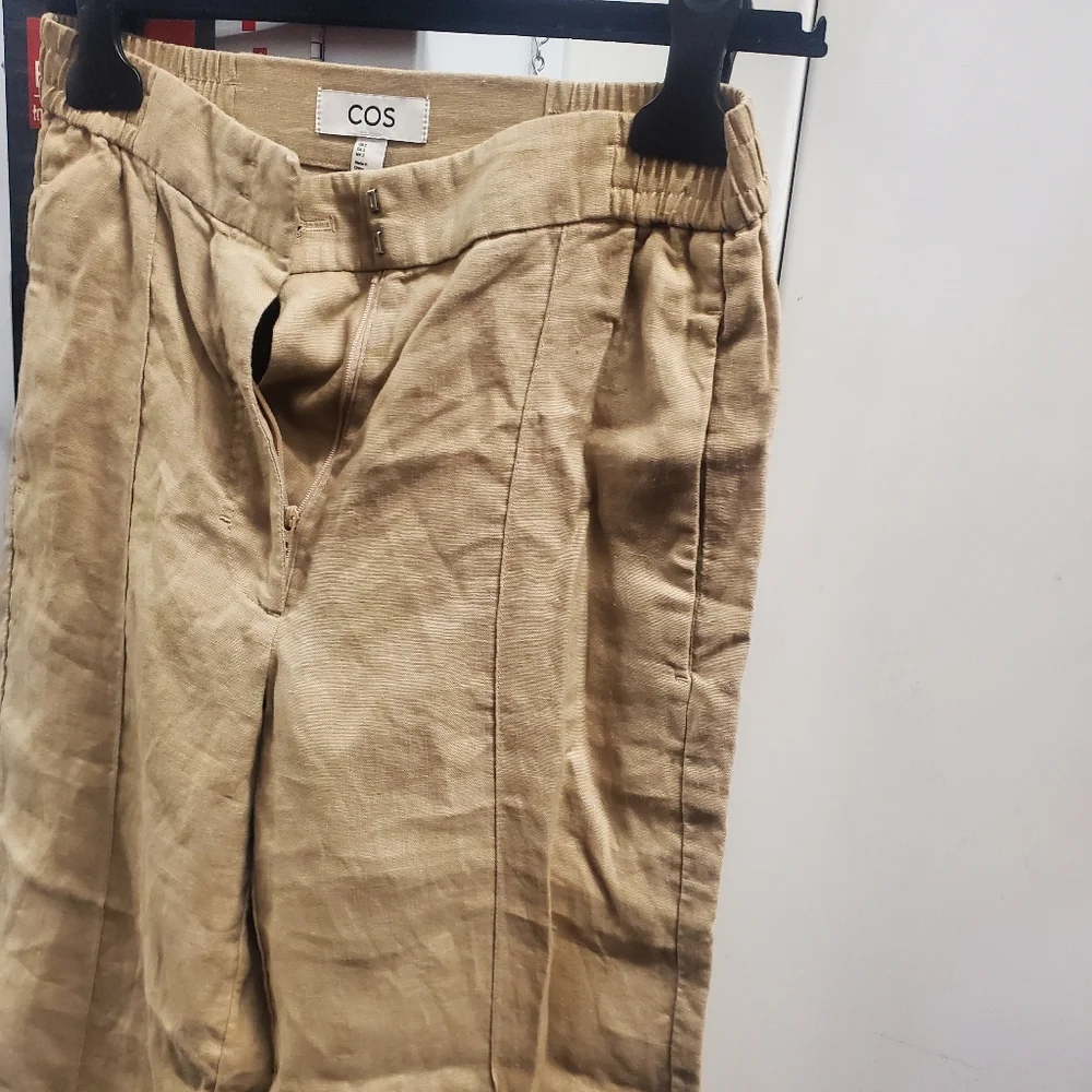 Cos Neutral Beige Linen Blend Pleat Front Straight Wide Leg Trousers Size 2